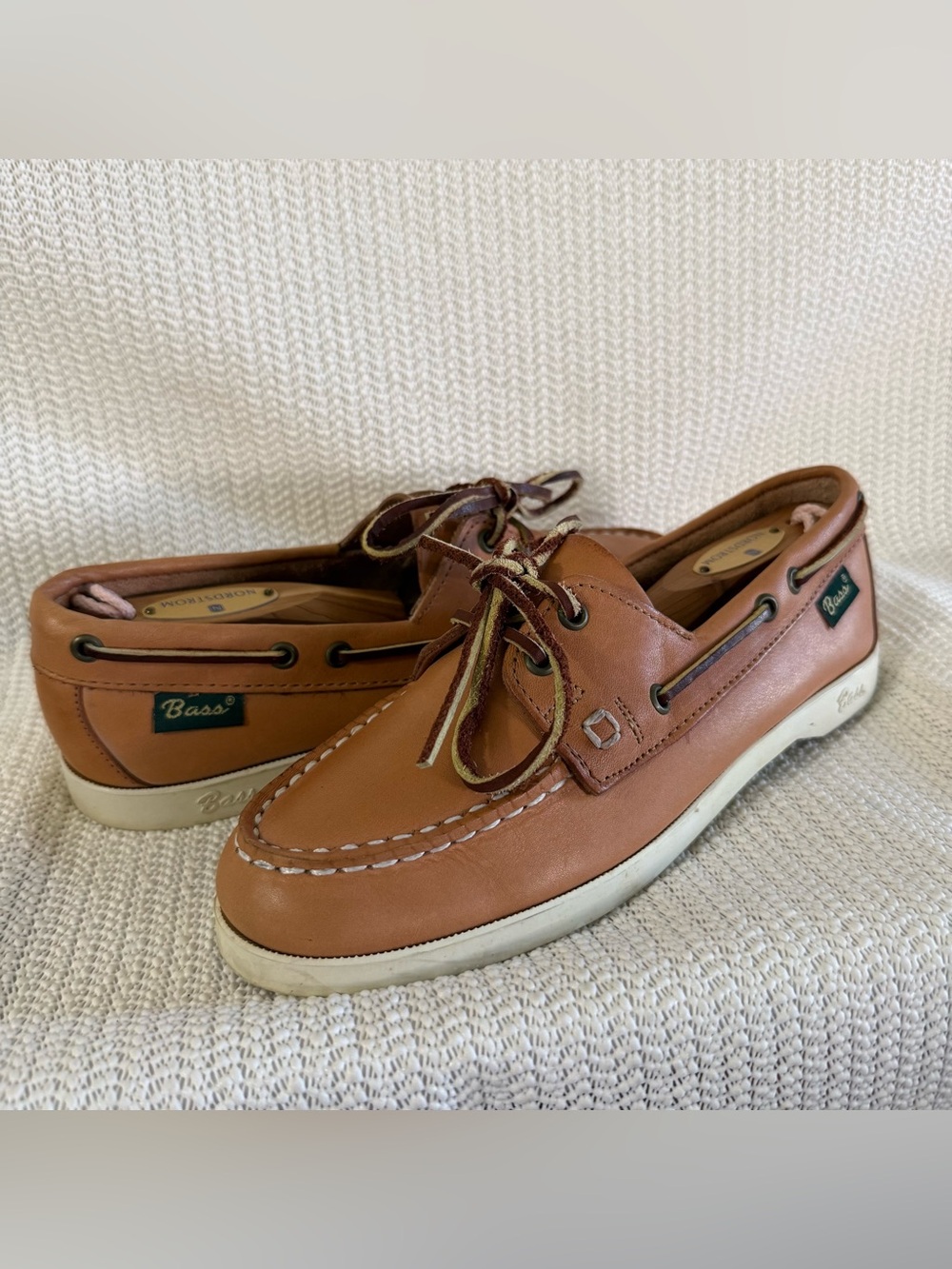 Bass Boaters Brown Leather Boat Shoes Men’s Size 7M Moc Toe Lace-Up